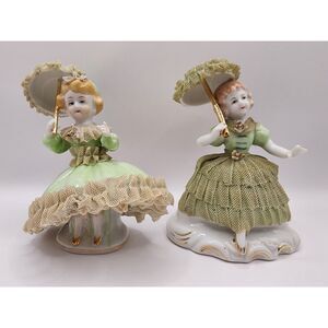 Vintage Porcelain Lace Lady Figurines Pair Green Parasols Wales Japan 5 inches